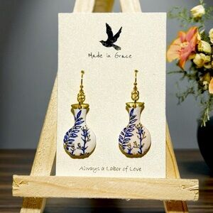 Handmade Polymer Clay Earrings – Blue Botanical Vase Design